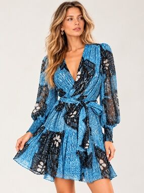 Ulla Johnson Noemi Silk Lurex Mini Dress Sky Blue Black Size 6 NWT